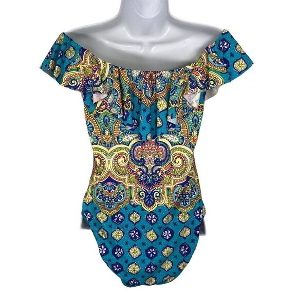TRINA TURK Ruffle Bandeau One Piece Swimsuit Floral Print Size 8 - Picture 5 of 12